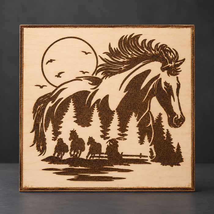 Horse & Forest Engraved Wooden Sign — 12 × 12 in