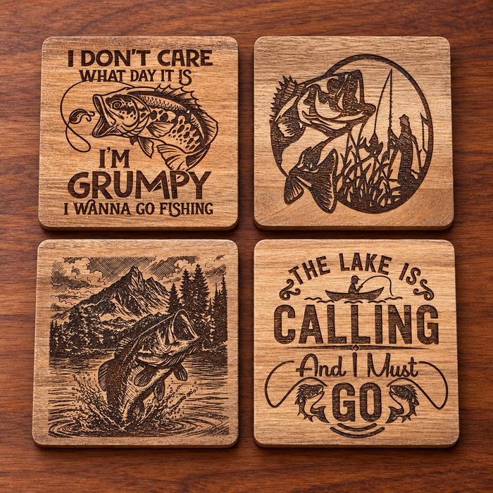 Four square wooden coasters with different fishing engravings