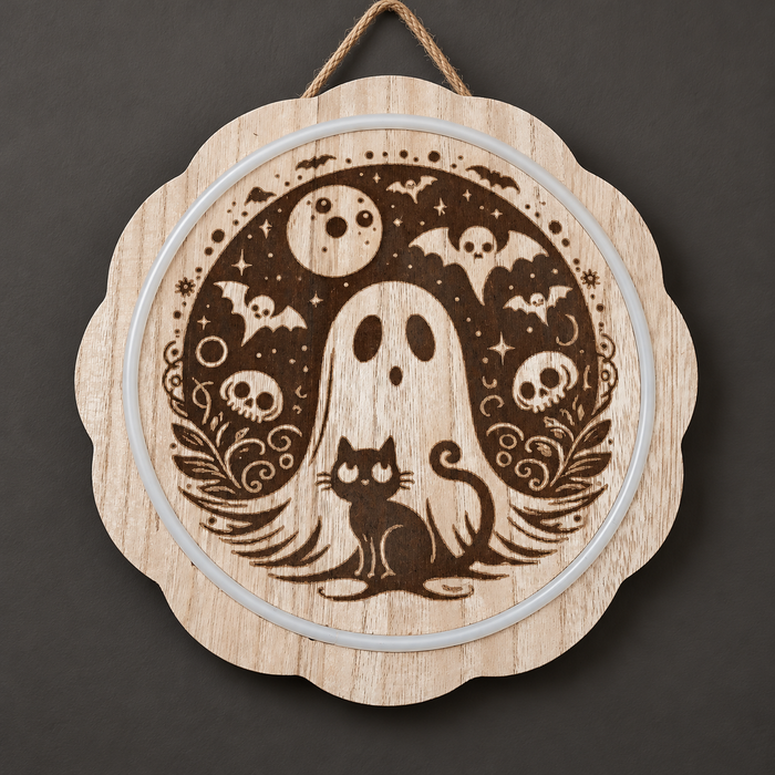 Ghost & Black Cat Halloween engraved wooden sign with light border, photographed with lights off