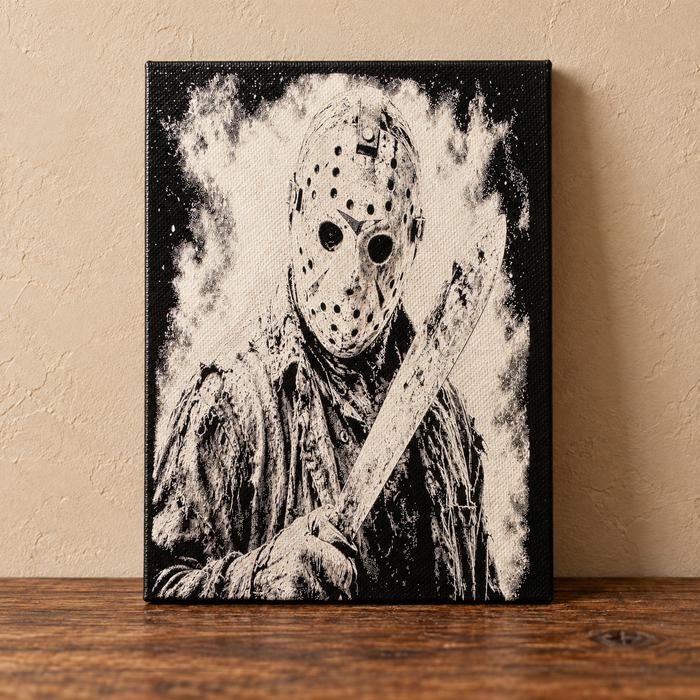 Jason hockey mask black and ivory canvas art on a rustic tabletop