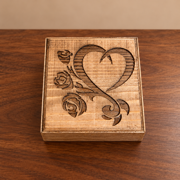 Heart & Roses engraved wooden jewelry box