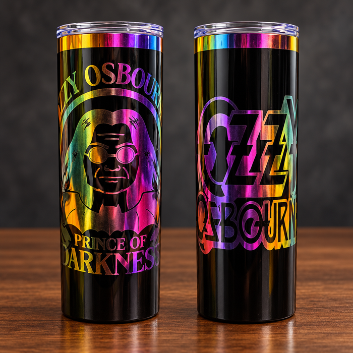 Two sides of one black 20 oz skinny tumbler with rainbow Ozzy Osbourne portrait and lettering