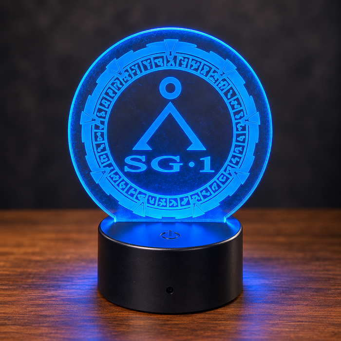 SG-1 Stargate acrylic LED light with engraved symbol ring glowing blue