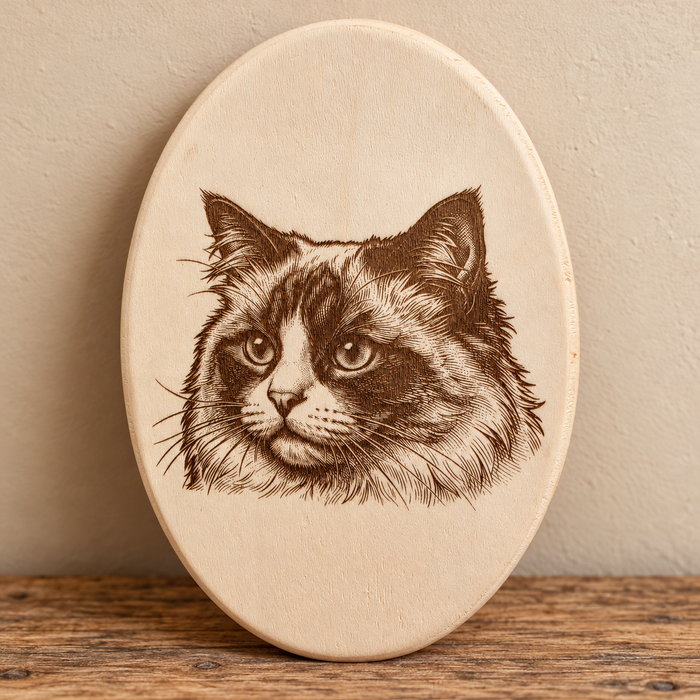 Fluffy Cat Portrait Oval Wooden Plaque