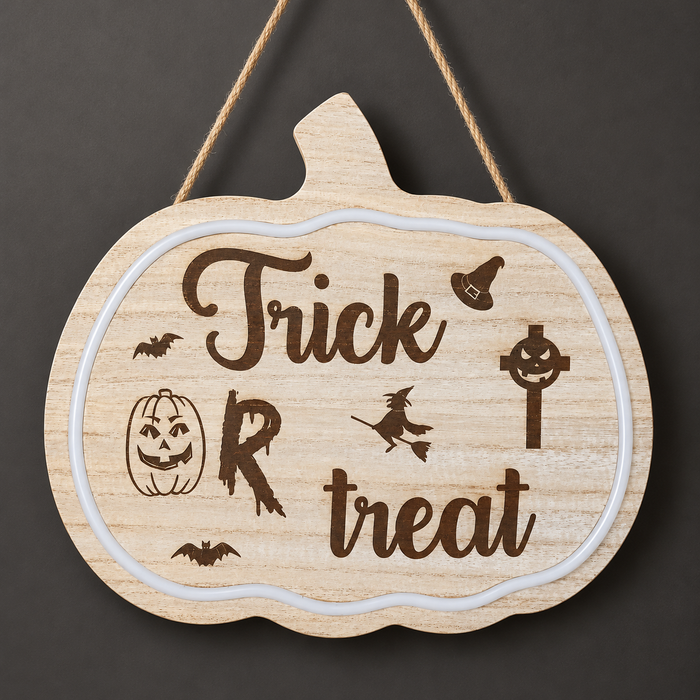Trick or Treat Pumpkin engraved wooden sign with light border, photographed with lights off