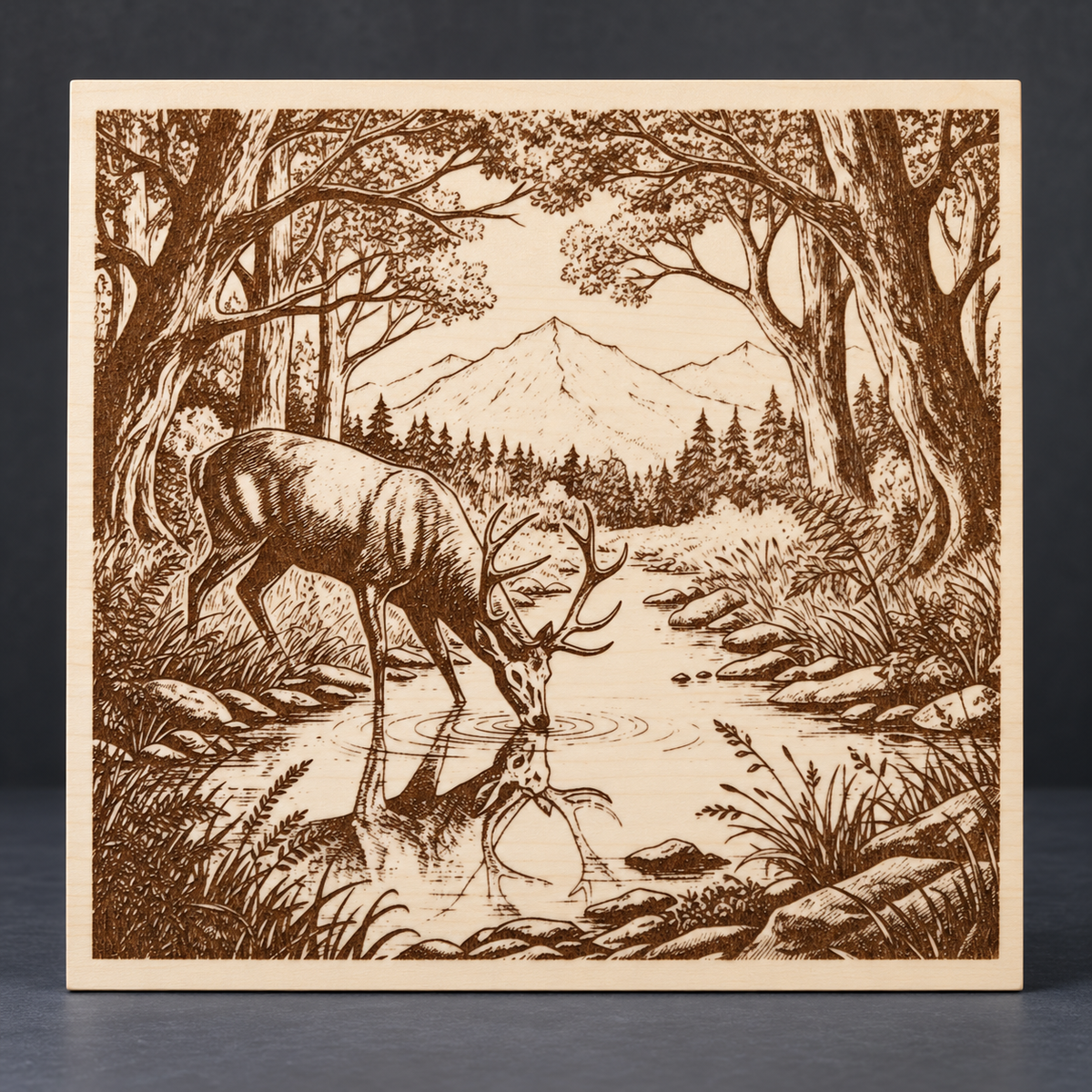 Deer at Woodland Stream Engraved Wooden Sign — 12 × 12 in