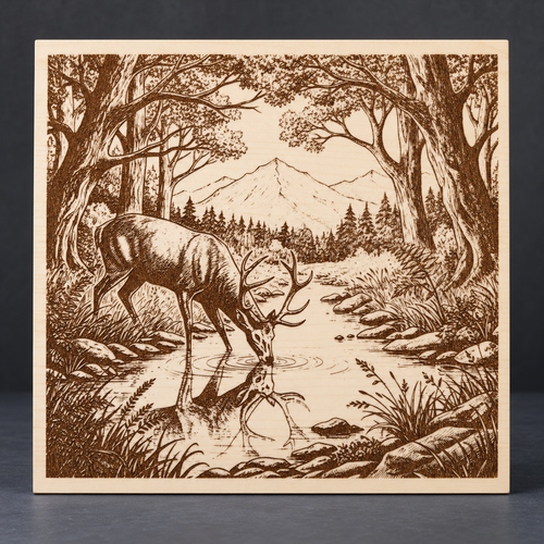Deer at Woodland Stream Engraved Wooden Sign — 12 × 12 in