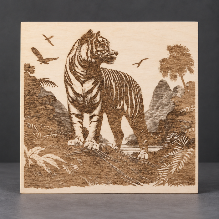 Tiger in the Jungle Engraved Wooden Sign — 12 × 12 in