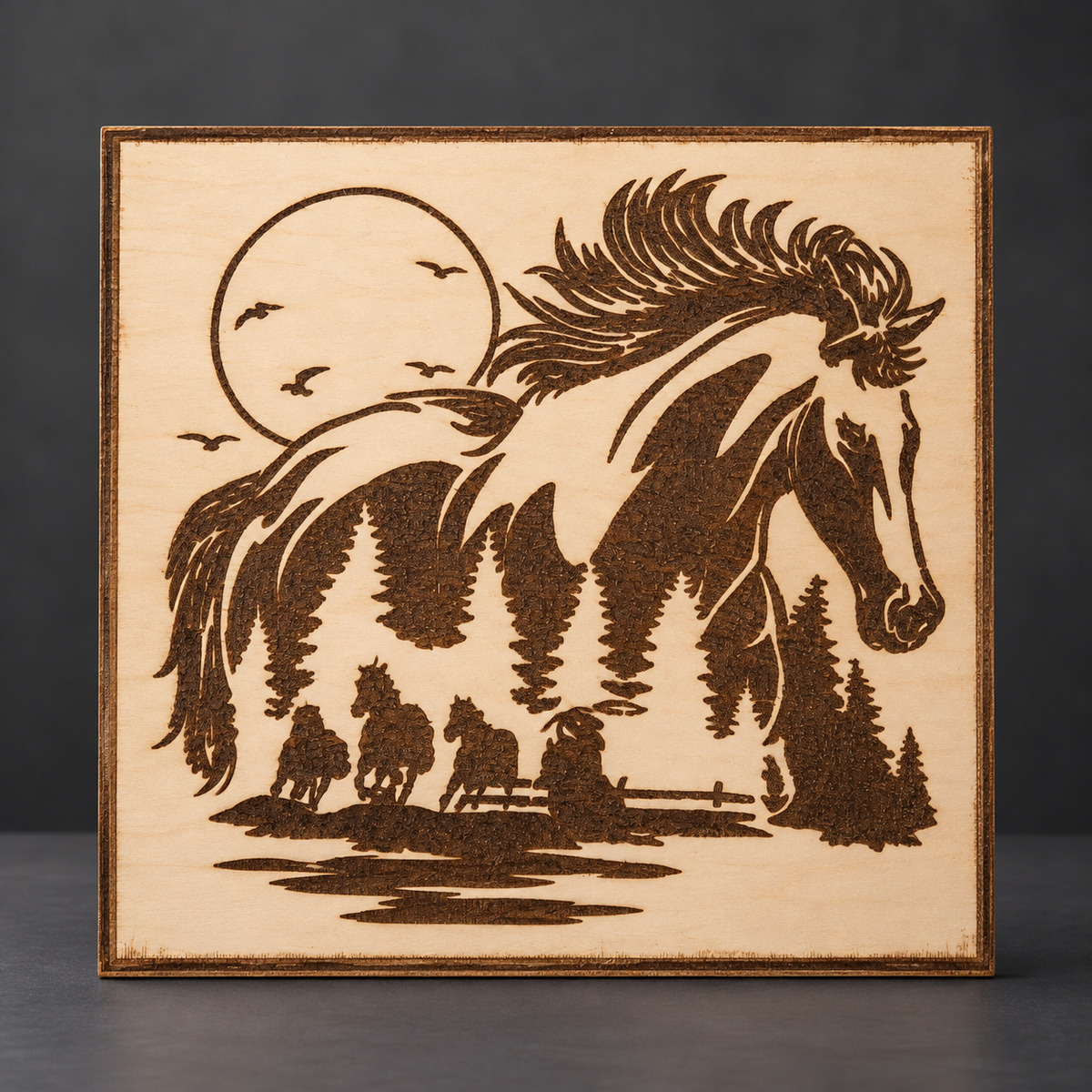 Horse & Forest Engraved Wooden Sign — 12 × 12 in