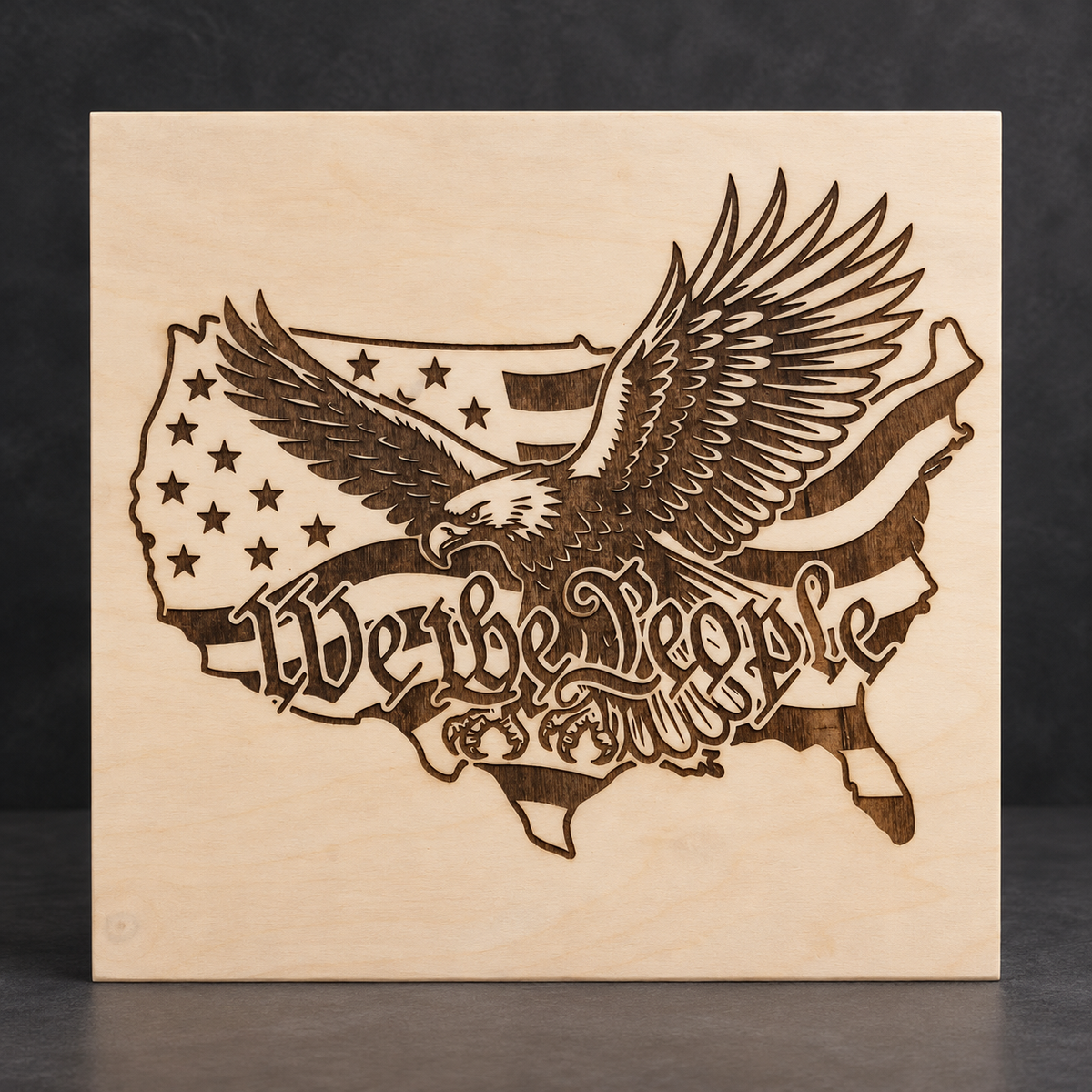 We the People Eagle Engraved Wooden Sign — 12 × 12 in