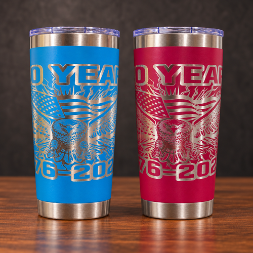 Blue and red America 250 years engraved 20 oz standard tumblers; sold individually