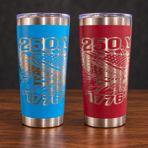 Alternate view of blue and red America 250 years tumblers showing 250 and 1776 engraving