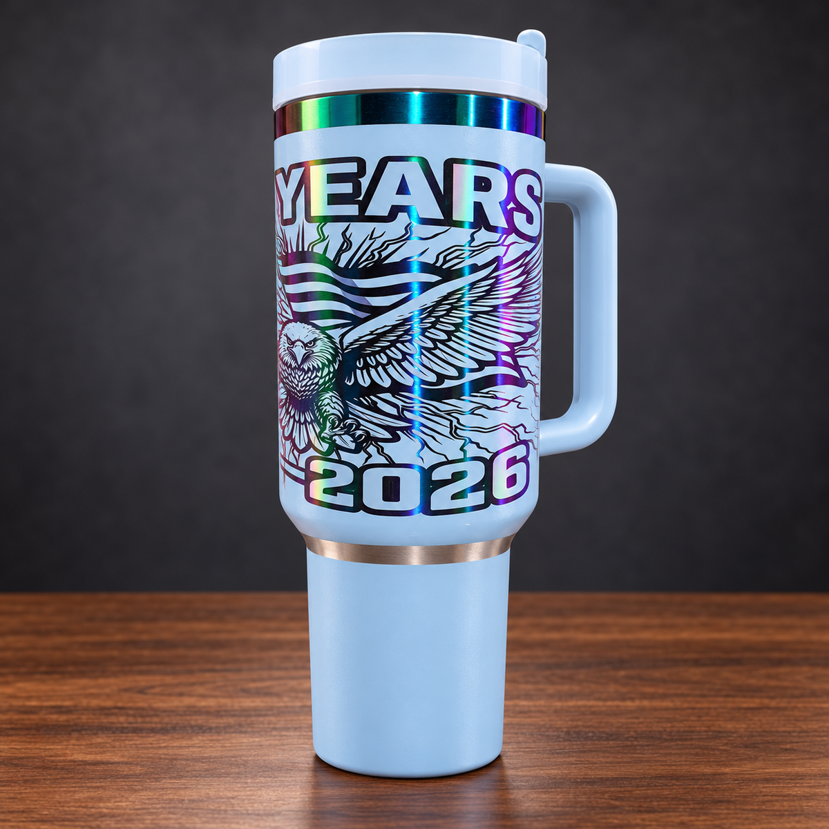 Light Blue 40 oz America 250 Years handled tumbler with rainbow metallic engraving