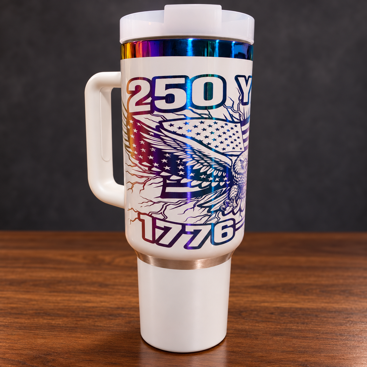 Alternate view of the white 40 oz America 250 Years tumbler showing 250 and 1776 engraving