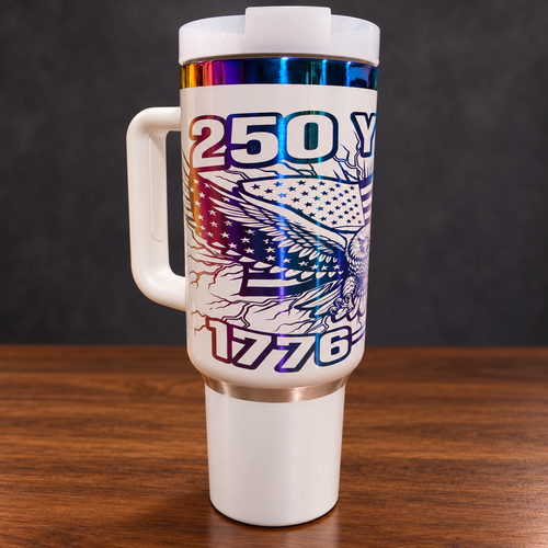 Alternate view of the white 40 oz America 250 Years tumbler showing 250 and 1776 engraving