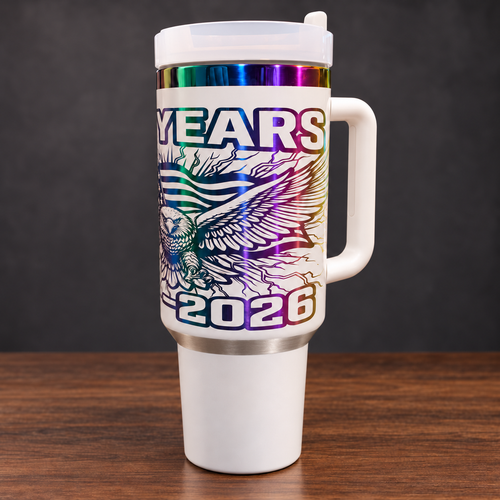 White 40 oz handled America 250 Years tumbler with rainbow metallic eagle and American flag engraving
