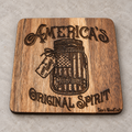 Individual square wooden coaster engraved with America's Original Spirit Moonshine design