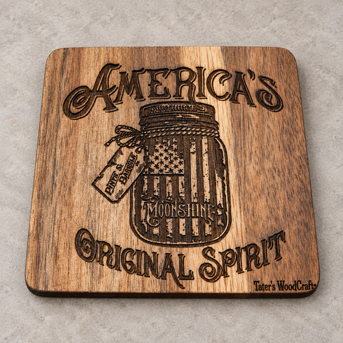 Individual square wooden coaster engraved with America's Original Spirit Moonshine design