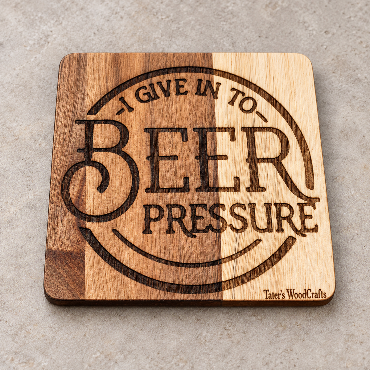 Individual square wooden coaster engraved with Beer Pressure design