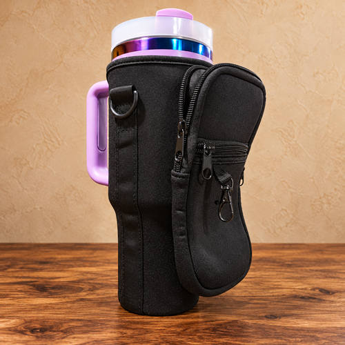 Black tumbler carry bag with zippered pockets and clip; purple tumbler shown for display only