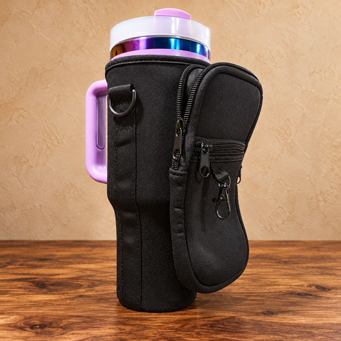 Black tumbler carry bag with zippered pockets and clip; purple tumbler shown for display only