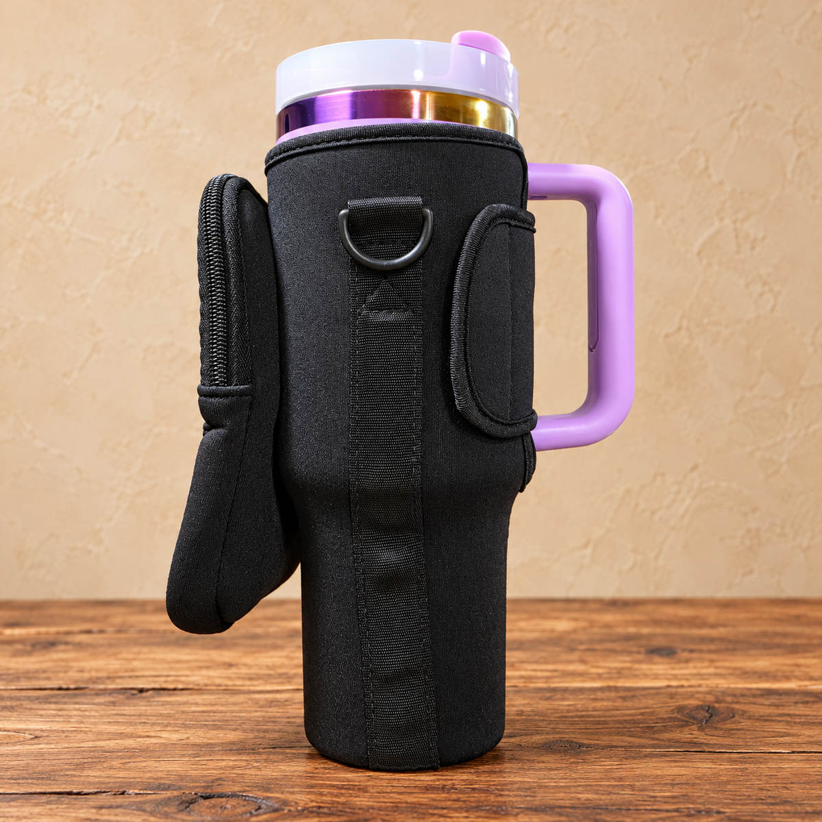 Side view of black tumbler carry bag; purple tumbler shown for display only