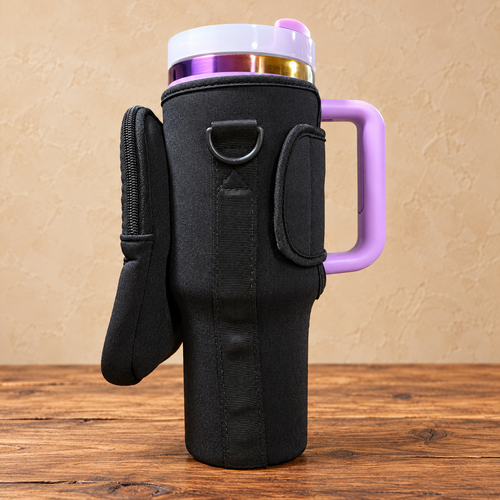 Side view of black tumbler carry bag; purple tumbler shown for display only