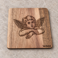 Individual square wooden coaster engraved with Cherub Angel design
