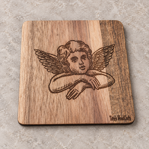 Individual square wooden coaster engraved with Cherub Angel design