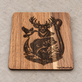 Individual square wooden coaster engraved with Deer, Duck & Fish Hook design