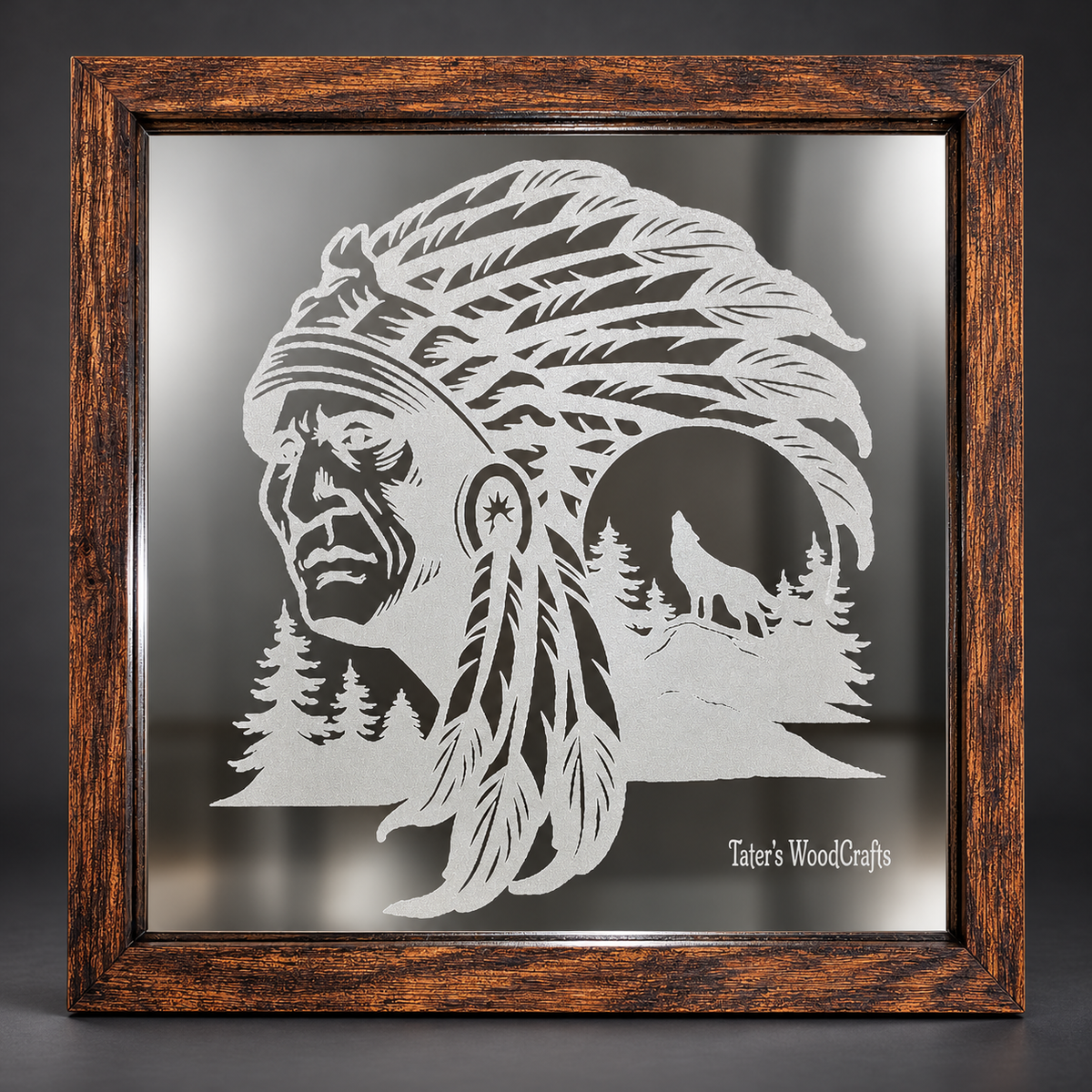 Headdress Portrait & Howling Wolf Framed Engraved Mirror