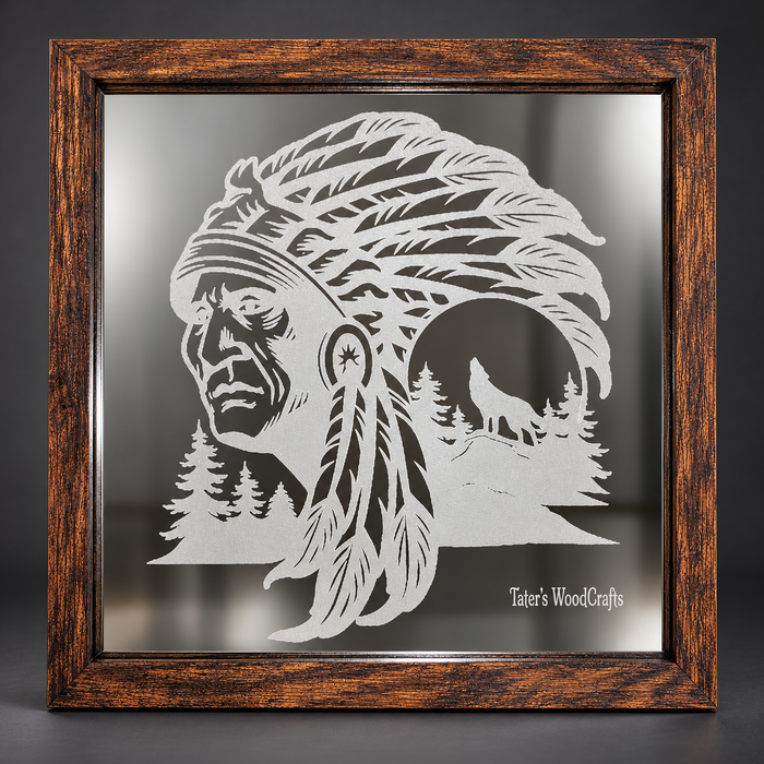 Headdress Portrait & Howling Wolf Framed Engraved Mirror