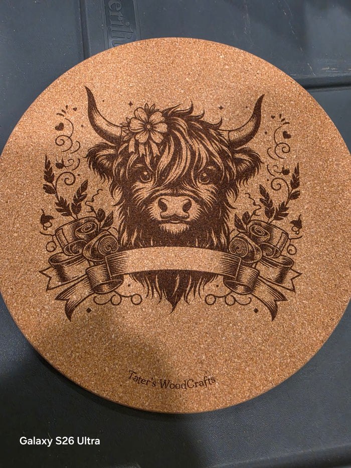 Highland cow engraved cork trivet
