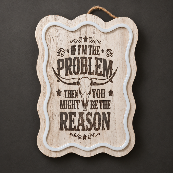 If I'm the Problem engraved wooden sign with light border, photographed with lights off