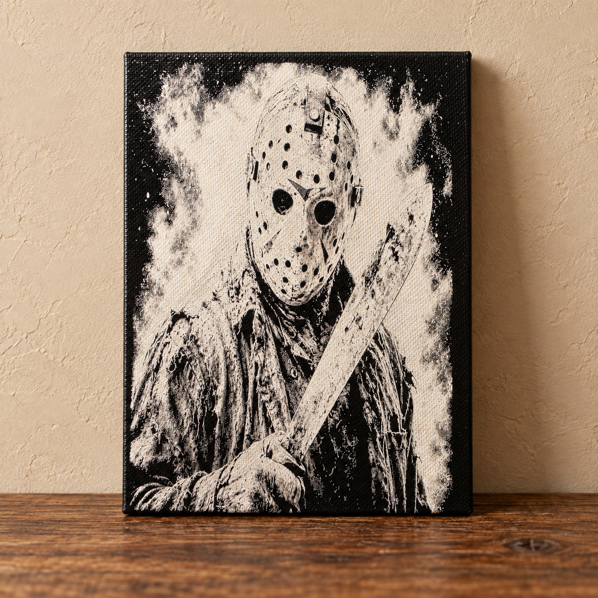 Jason hockey mask black and ivory canvas art on a rustic tabletop