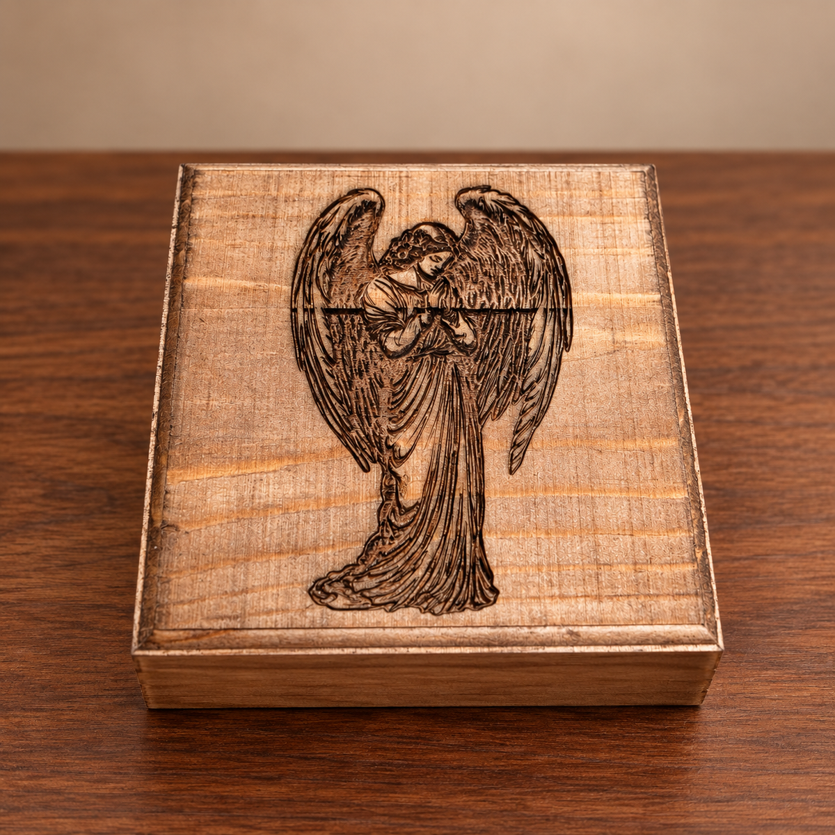 Angel engraved wooden jewelry box
