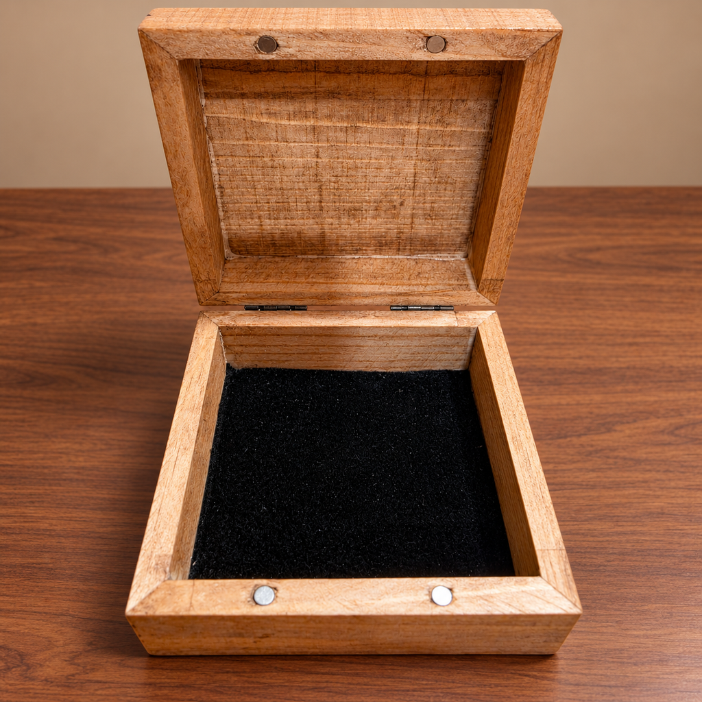 Shared open jewelry box interior with black liner