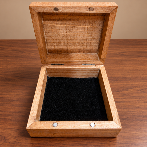Shared open jewelry box interior with black liner
