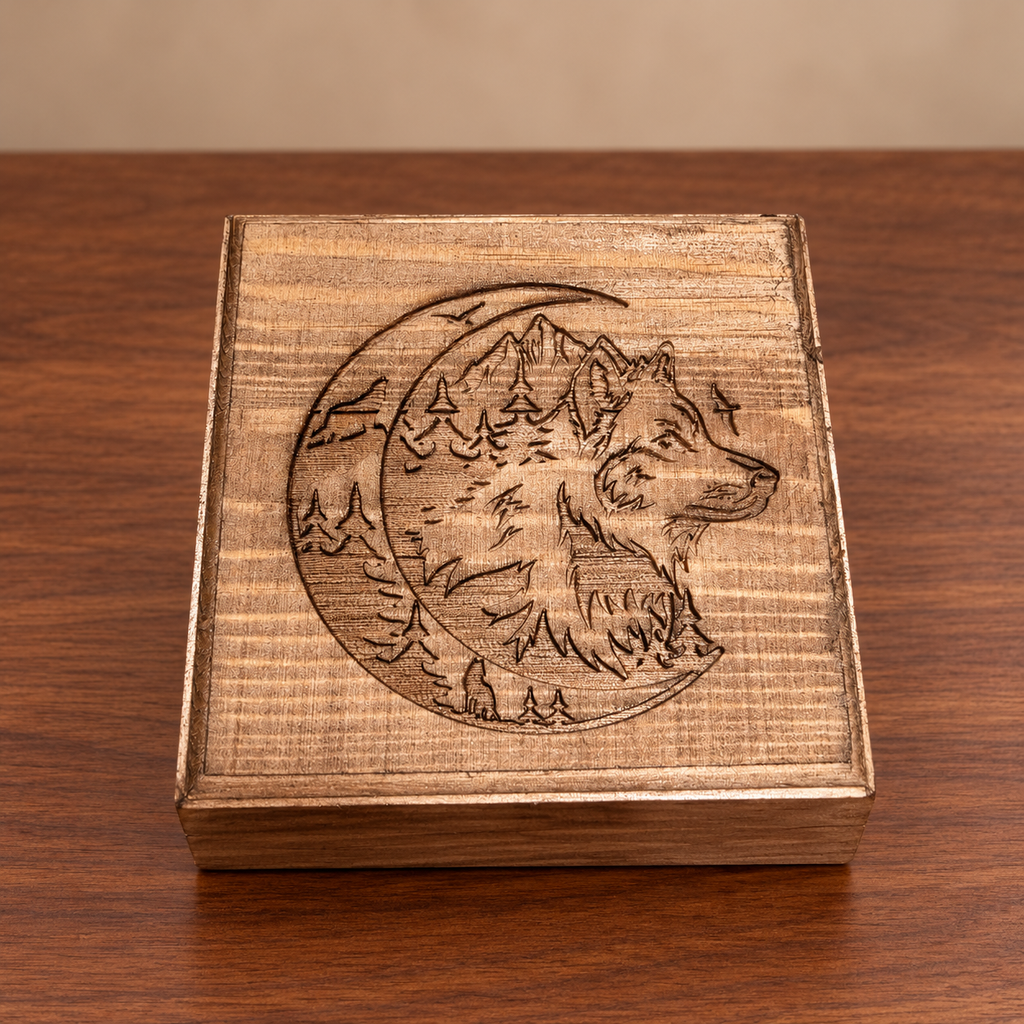 Wolf & Mountains engraved wooden jewelry box