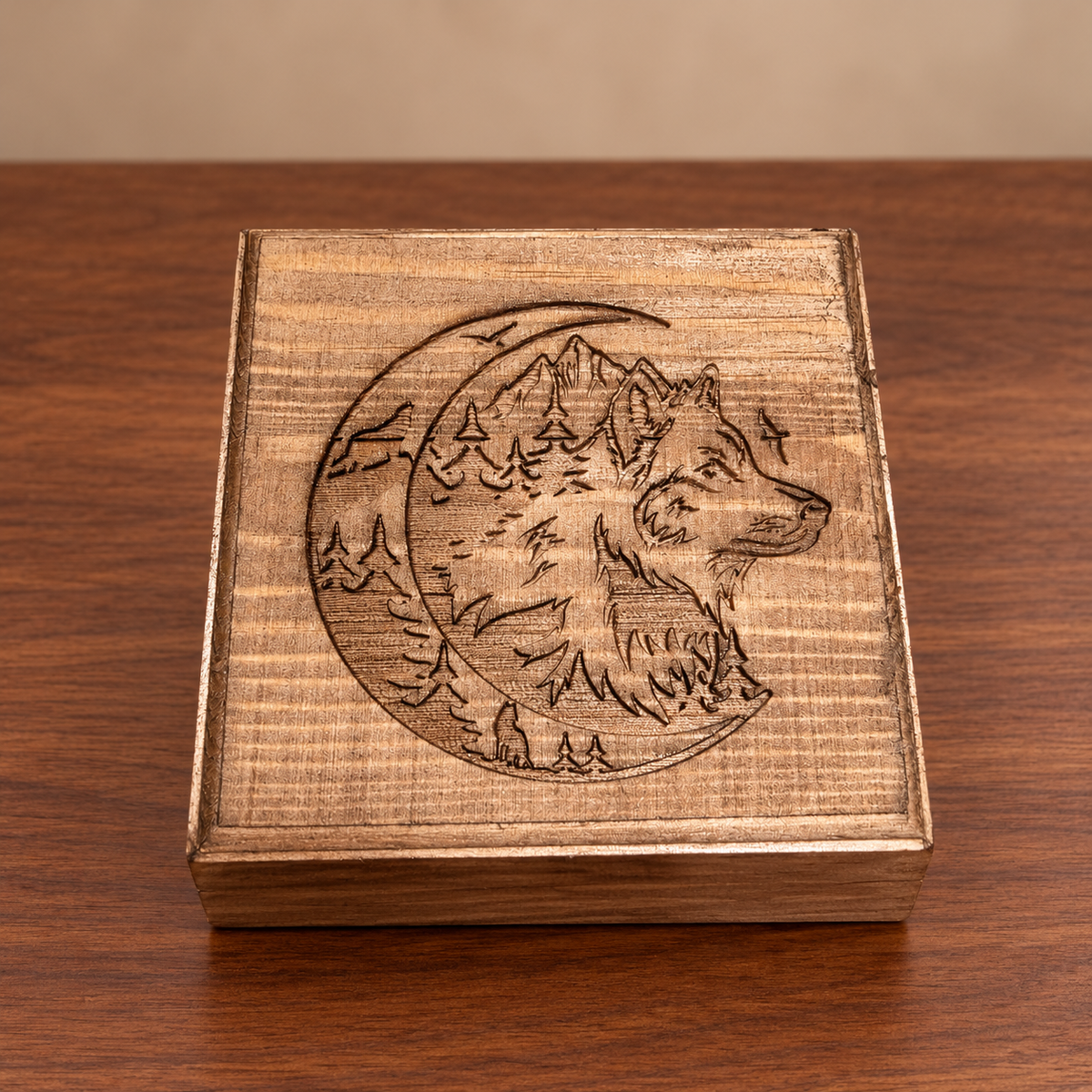 Wolf & Mountains engraved wooden jewelry box