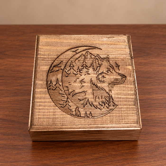 Wolf & Mountains engraved wooden jewelry box