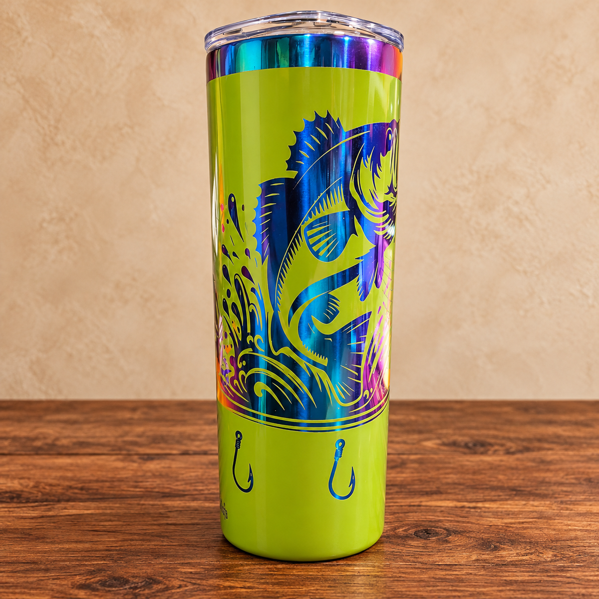 Alternate fish engraving view of green 20 oz skinny tumbler