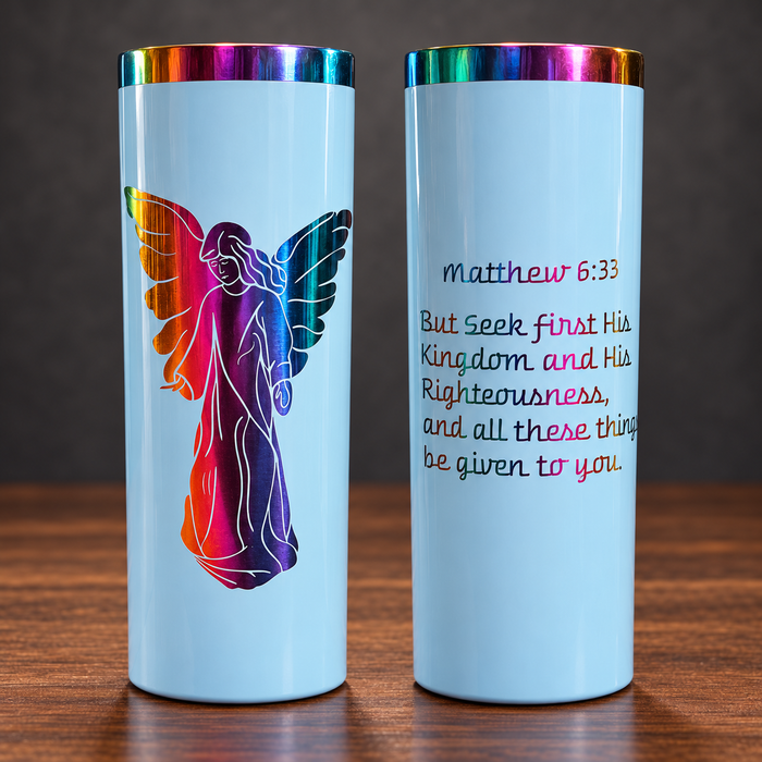 Two sides of one Matthew 6:33 Angel Rainbow Engraved Skinny Tumbler — 20 oz