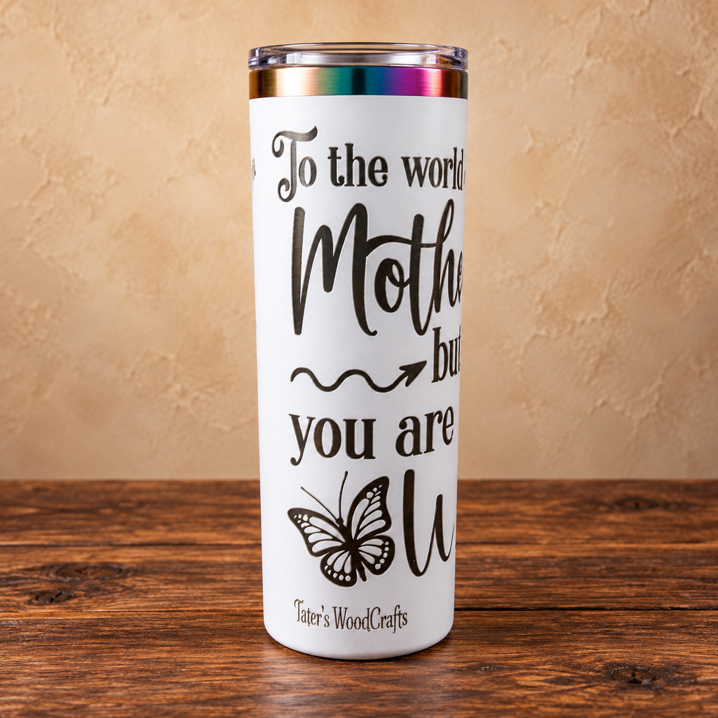 Alternate view of 20 oz skinny Mother quote tumbler with butterfly engraving
