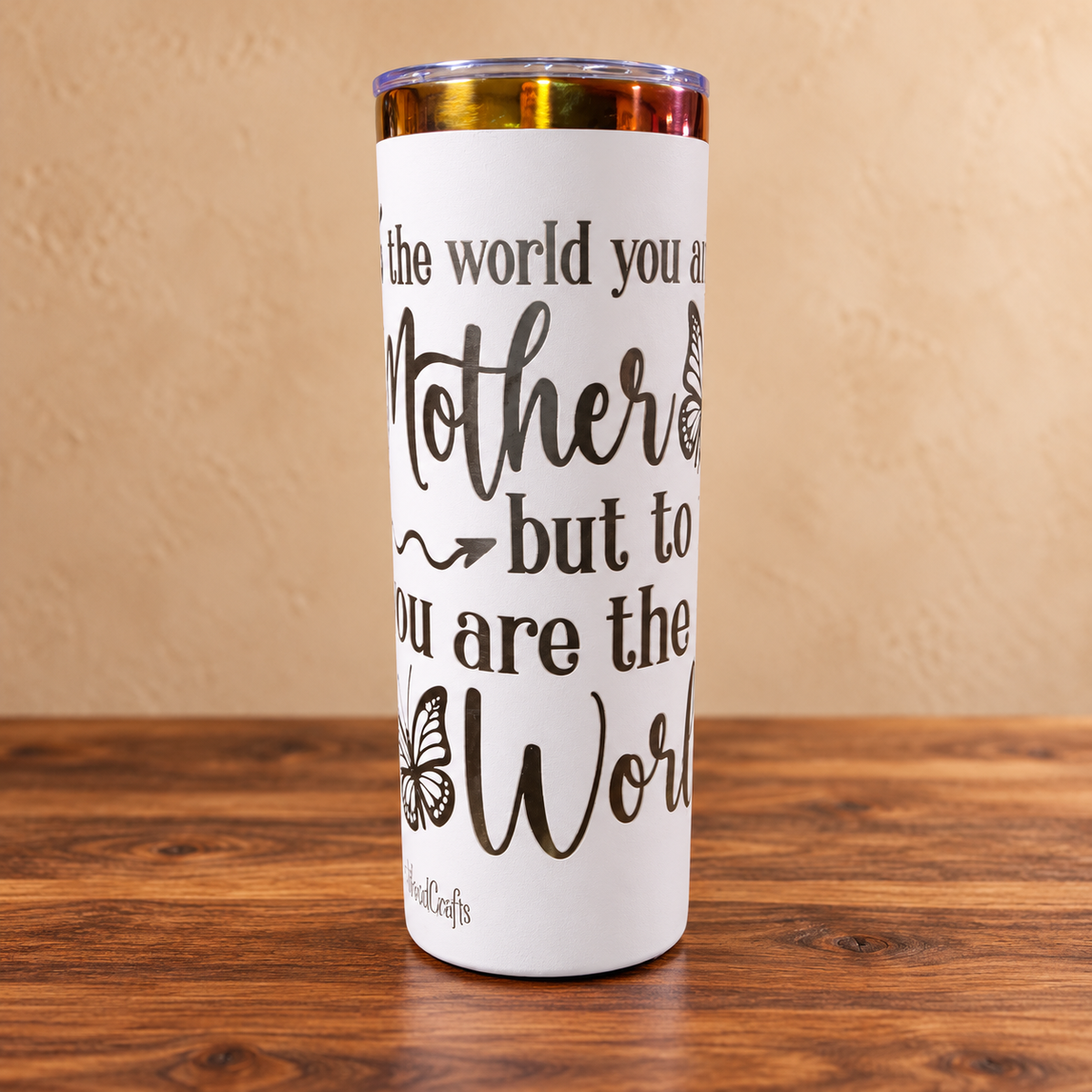 White 20 oz skinny Mother quote tumbler with rainbow metallic rim