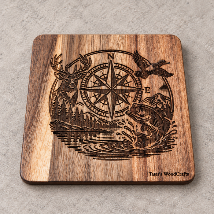 Individual square wooden coaster engraved with Outdoor Adventure Compass design