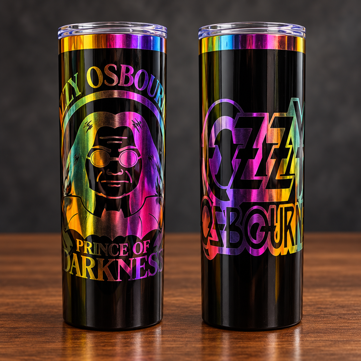 Two sides of one black 20 oz skinny tumbler with rainbow Ozzy Osbourne portrait and lettering