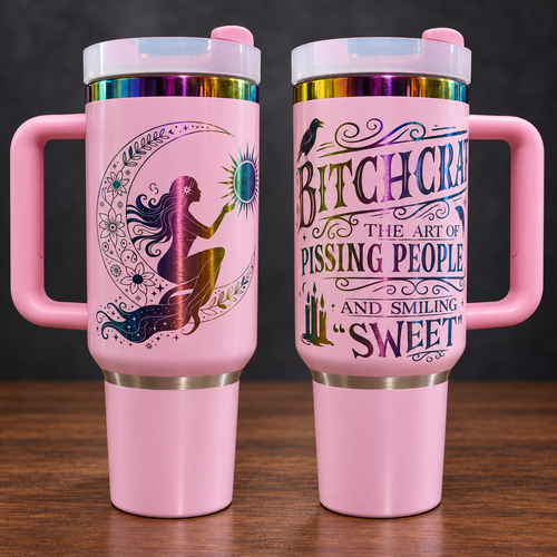 Two views of one pink Bitchcraft 40 oz tumbler showing a celestial woman design and humorous engraved quote