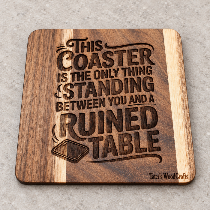 Individual square wooden coaster engraved with Ruined Table design