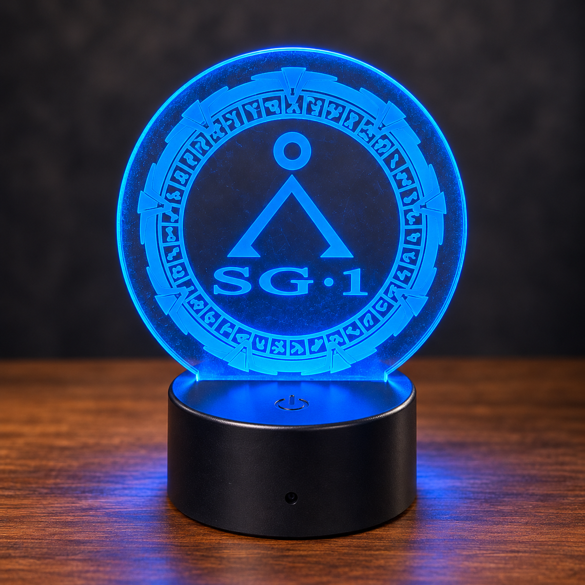 SG-1 Stargate acrylic LED light with engraved symbol ring glowing blue